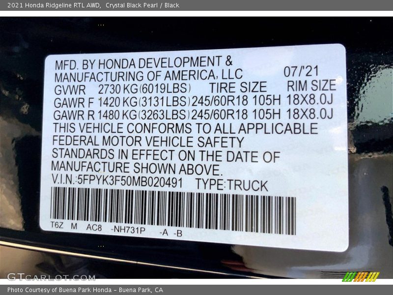 Crystal Black Pearl / Black 2021 Honda Ridgeline RTL AWD