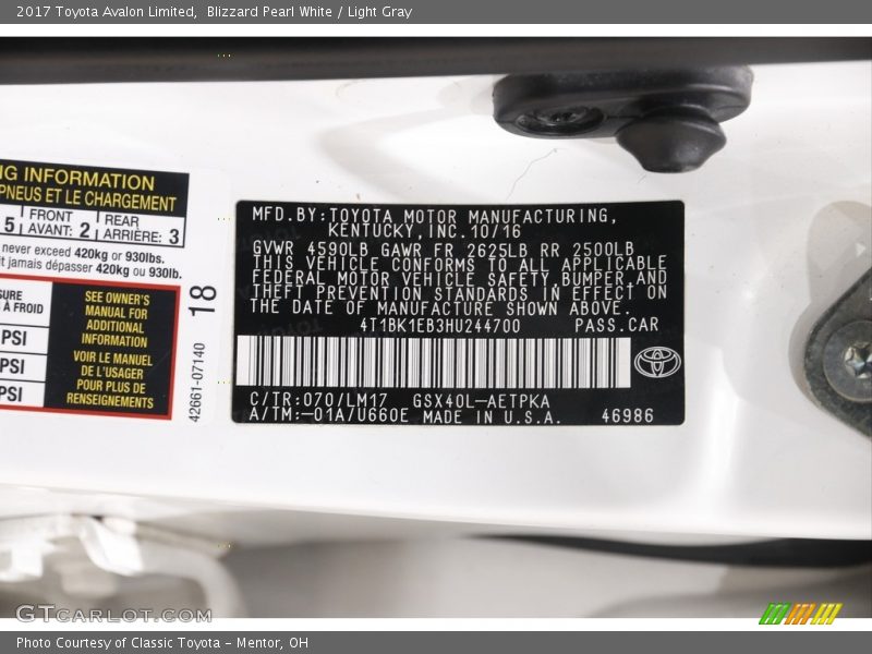 Blizzard Pearl White / Light Gray 2017 Toyota Avalon Limited