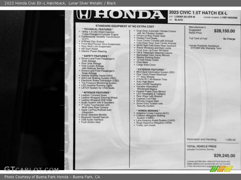Lunar Silver Metallic / Black 2023 Honda Civic EX-L Hatchback