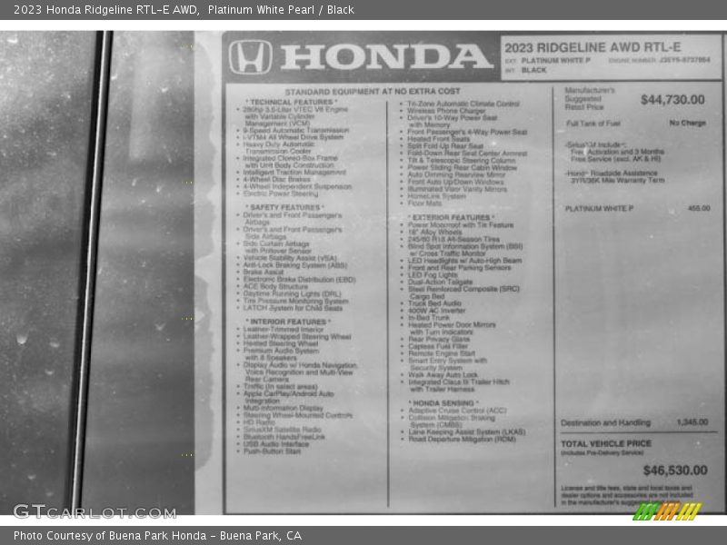  2023 Ridgeline RTL-E AWD Window Sticker