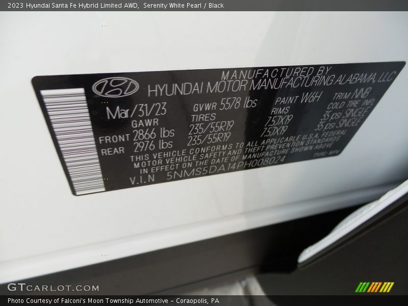 Serenity White Pearl / Black 2023 Hyundai Santa Fe Hybrid Limited AWD