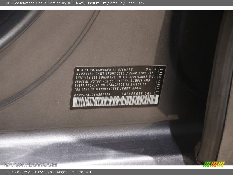 Indium Gray Metallic / Titan Black 2019 Volkswagen Golf R 4Motion W/DCC. NAV.