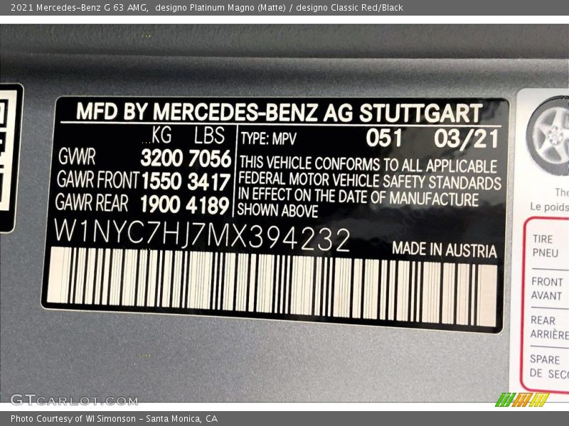 2021 G 63 AMG designo Platinum Magno (Matte) Color Code 051