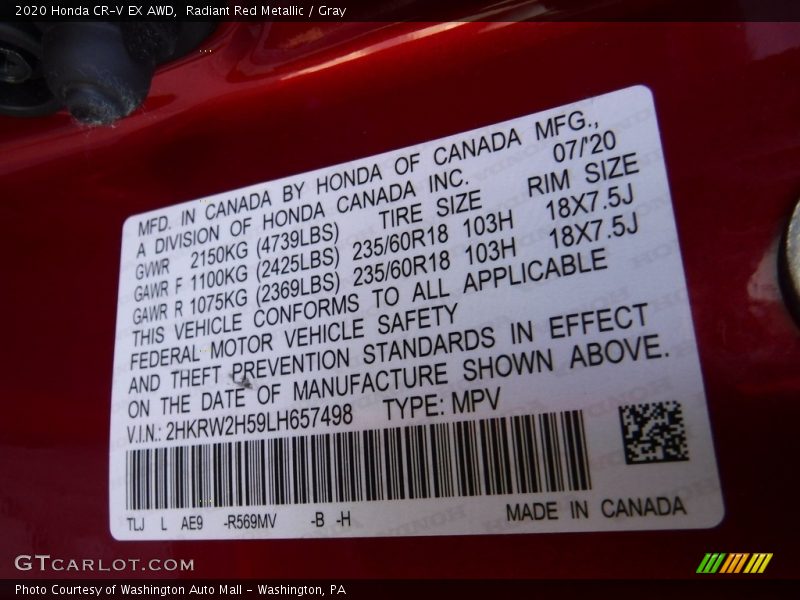 Radiant Red Metallic / Gray 2020 Honda CR-V EX AWD