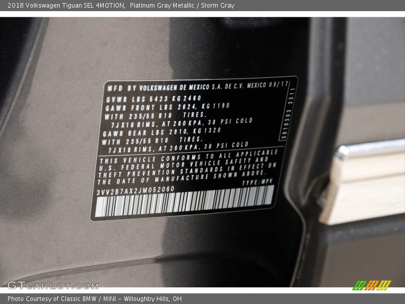 Platinum Gray Metallic / Storm Gray 2018 Volkswagen Tiguan SEL 4MOTION