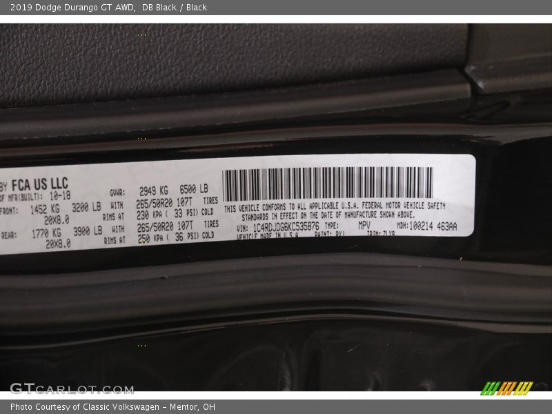 DB Black / Black 2019 Dodge Durango GT AWD