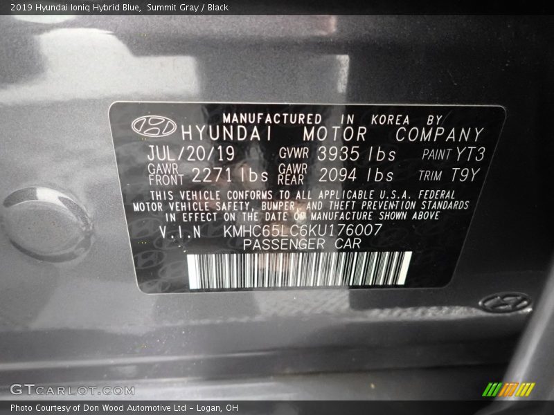 Summit Gray / Black 2019 Hyundai Ioniq Hybrid Blue