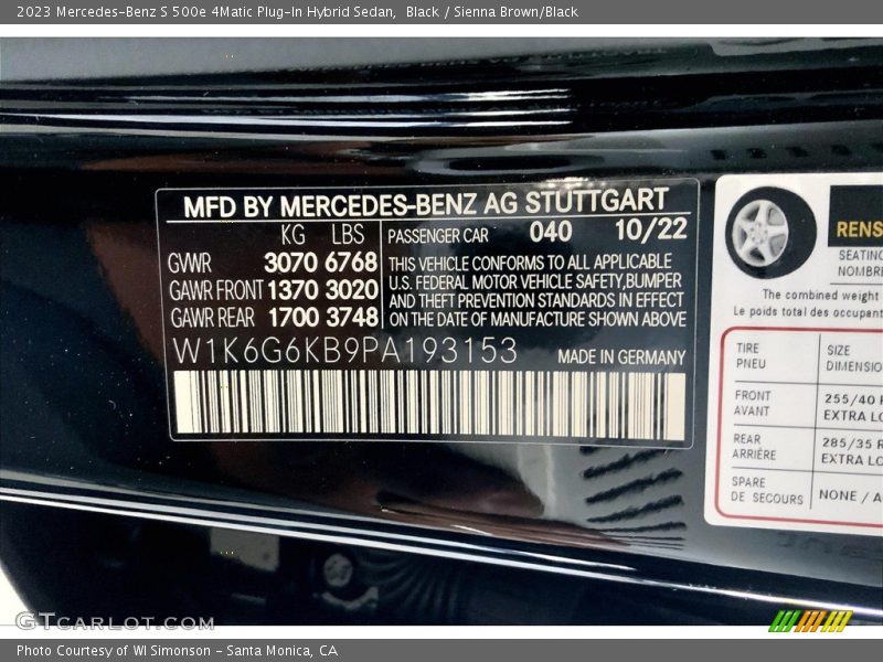 2023 S 500e 4Matic Plug-In Hybrid Sedan Black Color Code 040