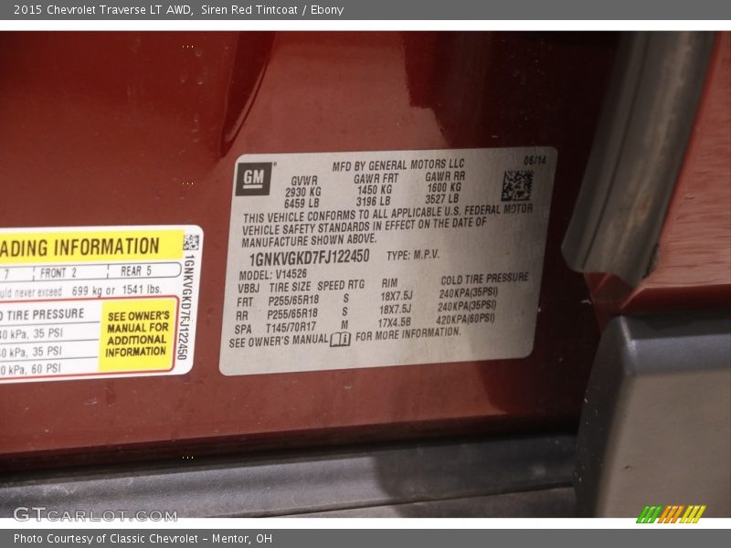 Siren Red Tintcoat / Ebony 2015 Chevrolet Traverse LT AWD