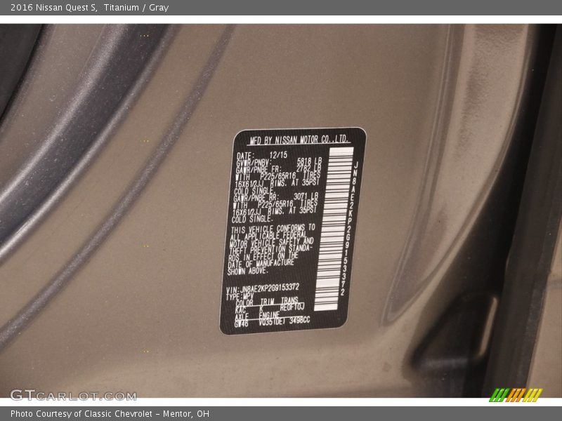 2016 Quest S Titanium Color Code KAC
