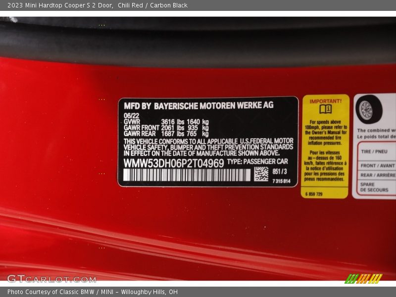 2023 Hardtop Cooper S 2 Door Chili Red Color Code 851