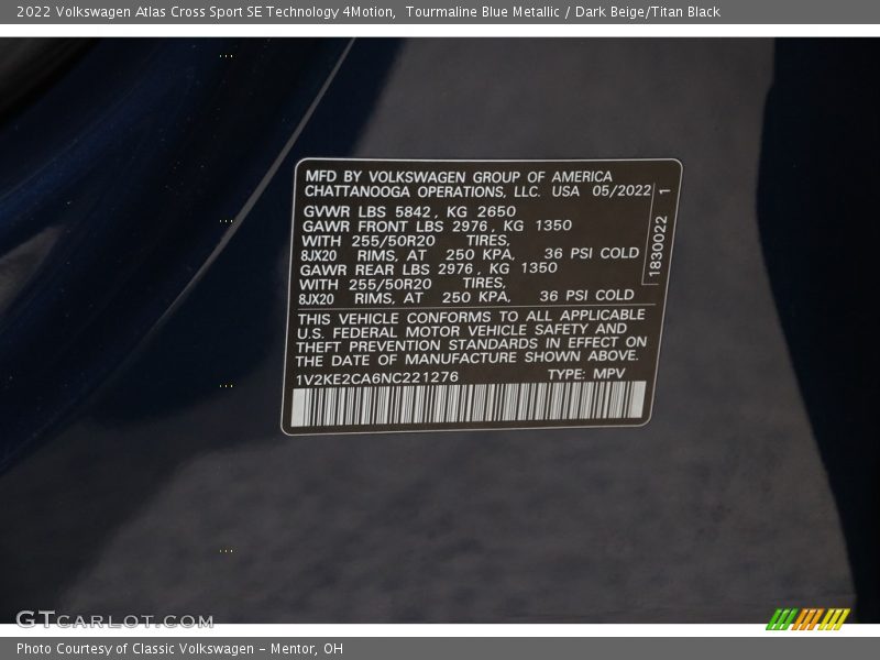 Tourmaline Blue Metallic / Dark Beige/Titan Black 2022 Volkswagen Atlas Cross Sport SE Technology 4Motion