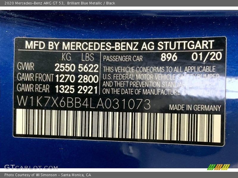 2020 AMG GT 53 Brilliant Blue Metallic Color Code 896
