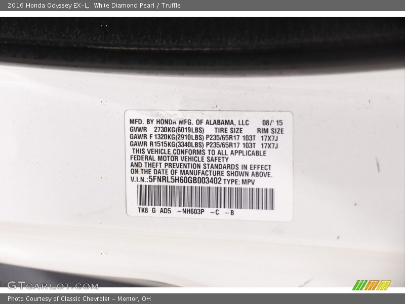 White Diamond Pearl / Truffle 2016 Honda Odyssey EX-L
