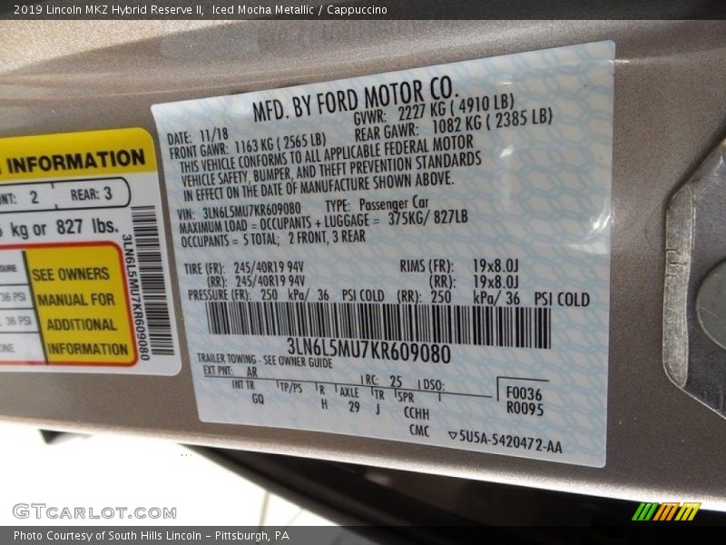 2019 MKZ Hybrid Reserve II Iced Mocha Metallic Color Code AR