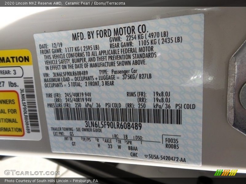 Ceramic Pearl / Ebony/Terracotta 2020 Lincoln MKZ Reserve AWD