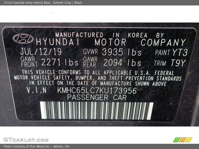 Summit Gray / Black 2019 Hyundai Ioniq Hybrid Blue