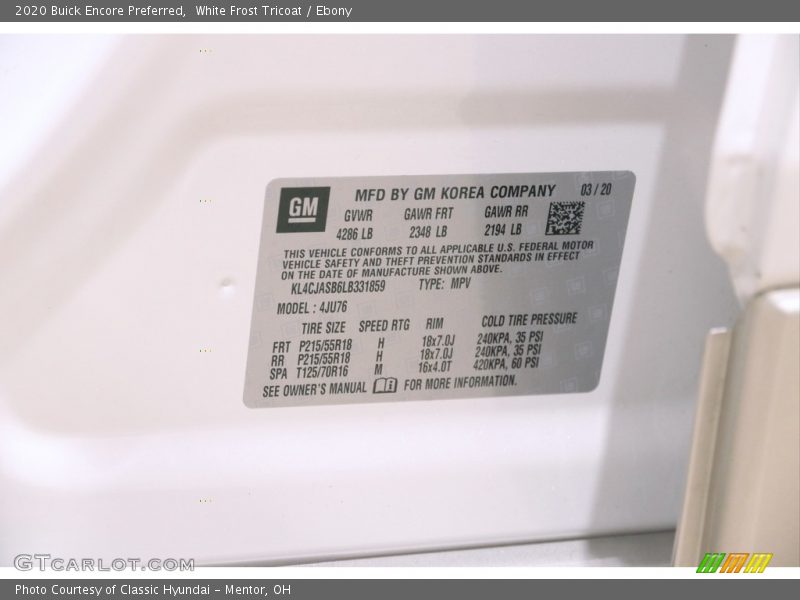 White Frost Tricoat / Ebony 2020 Buick Encore Preferred