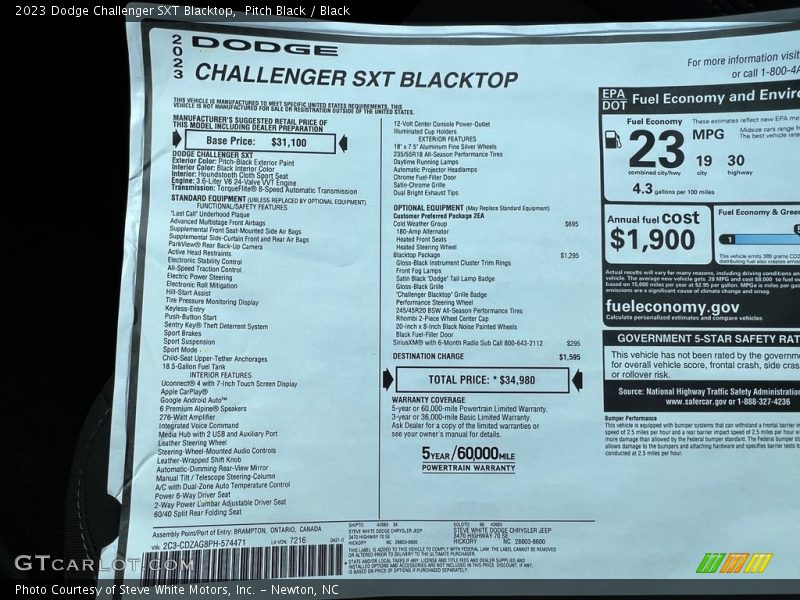  2023 Challenger SXT Blacktop Window Sticker