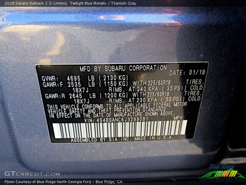 Twilight Blue Metallic / Titanium Gray 2018 Subaru Outback 2.5i Limited