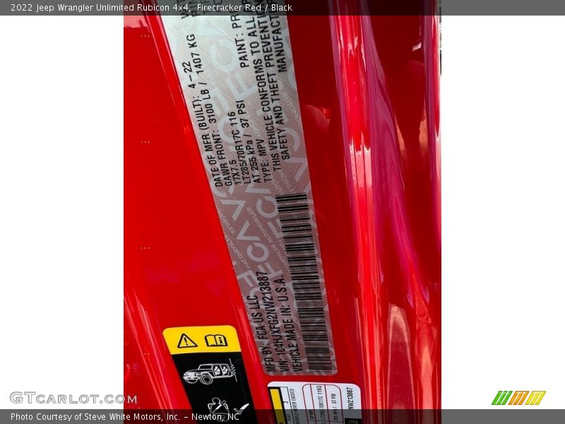 2022 Wrangler Unlimited Rubicon 4x4 Firecracker Red Color Code PRC