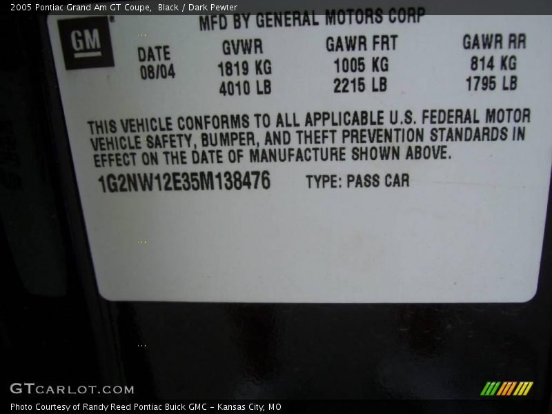 Black / Dark Pewter 2005 Pontiac Grand Am GT Coupe