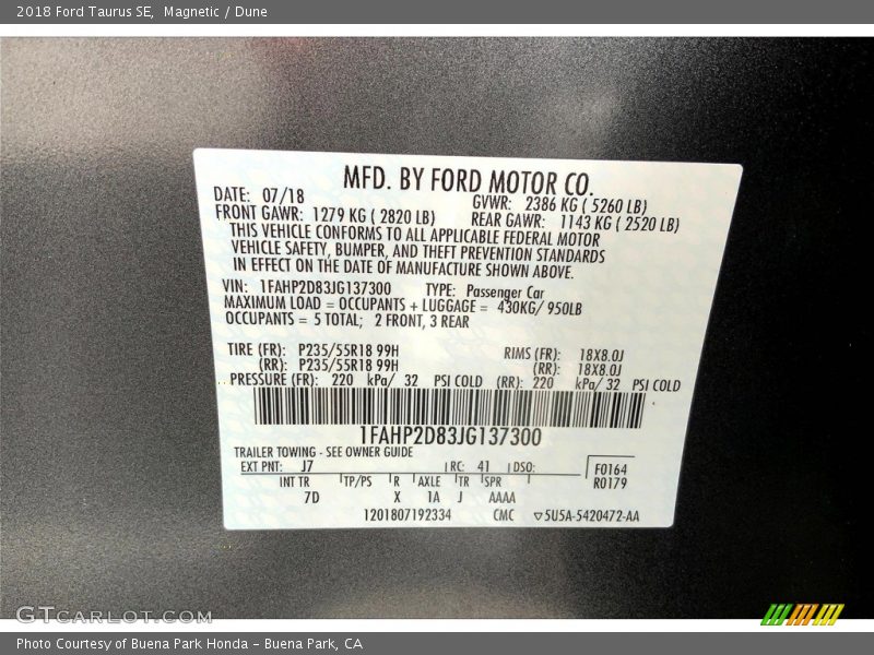 2018 Taurus SE Magnetic Color Code J7