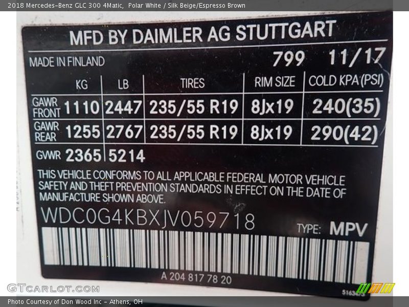 Polar White / Silk Beige/Espresso Brown 2018 Mercedes-Benz GLC 300 4Matic