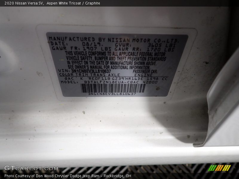 Aspen White Tricoat / Graphite 2020 Nissan Versa SV