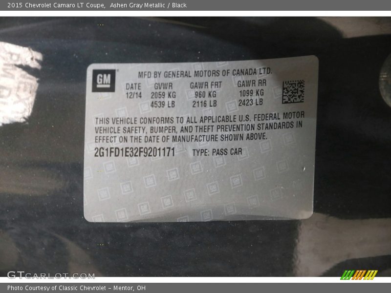 Ashen Gray Metallic / Black 2015 Chevrolet Camaro LT Coupe