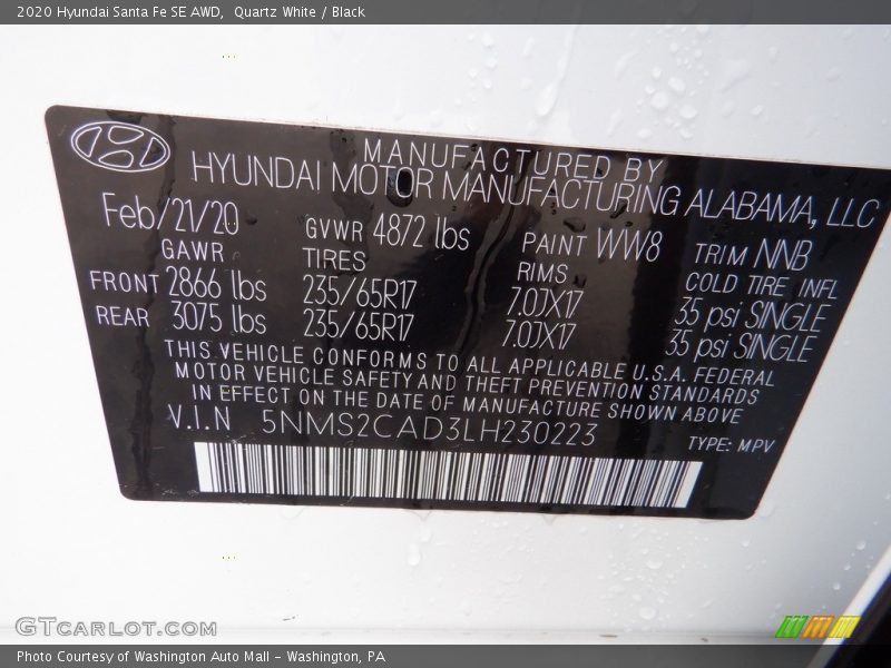 Quartz White / Black 2020 Hyundai Santa Fe SE AWD