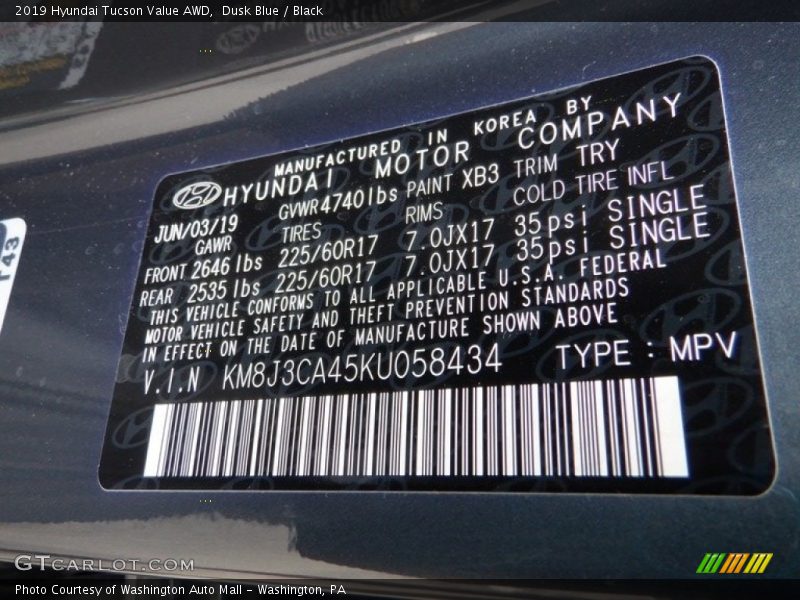 Dusk Blue / Black 2019 Hyundai Tucson Value AWD