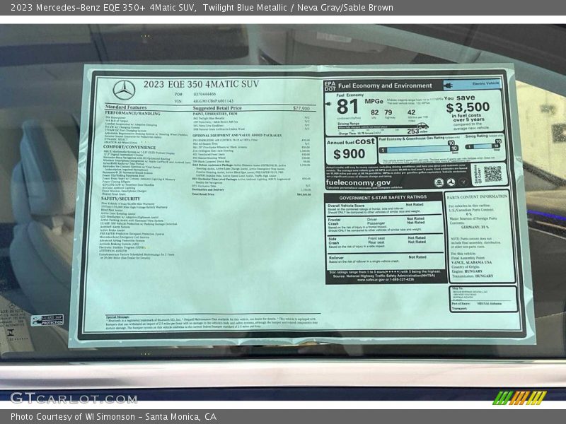  2023 EQE 350+ 4Matic SUV Window Sticker