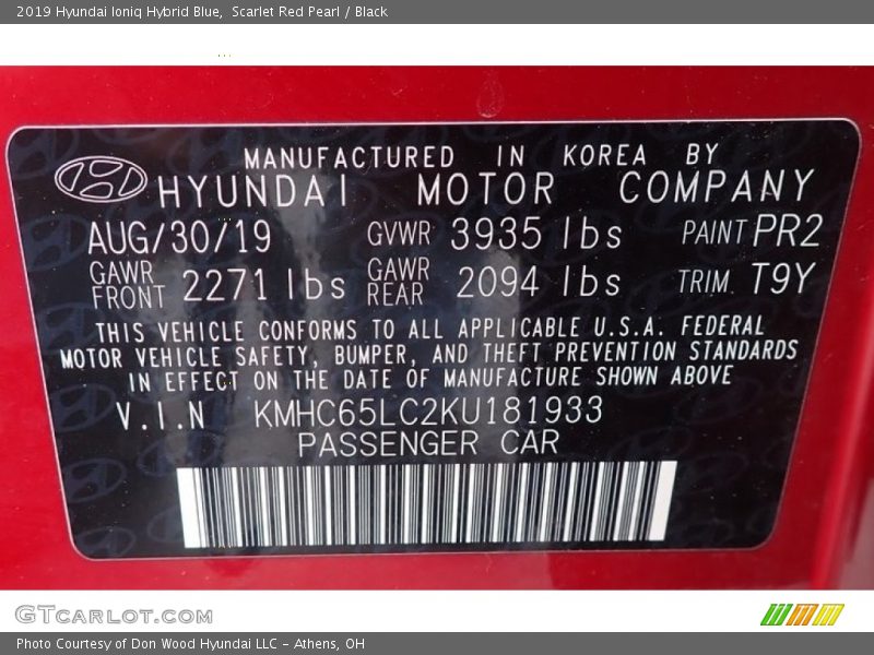 2019 Ioniq Hybrid Blue Scarlet Red Pearl Color Code PR2