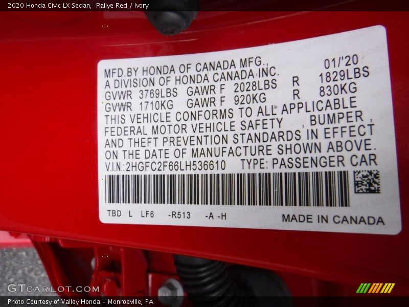 Rallye Red / Ivory 2020 Honda Civic LX Sedan