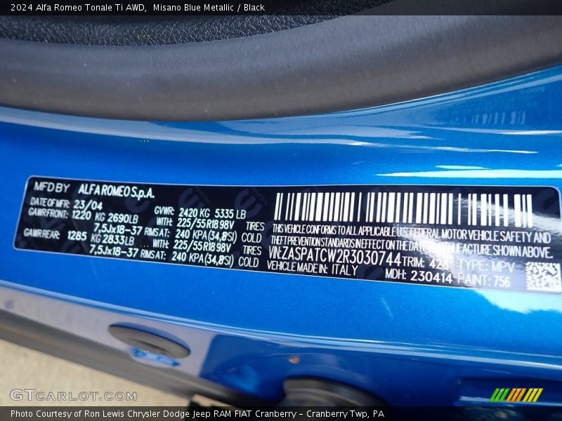 2024 Tonale Ti AWD Misano Blue Metallic Color Code 756