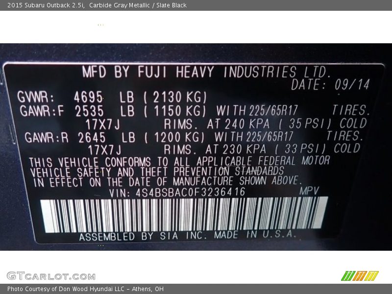 Carbide Gray Metallic / Slate Black 2015 Subaru Outback 2.5i