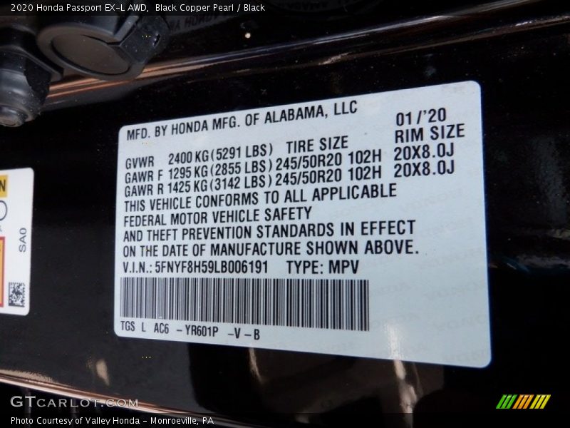 2020 Passport EX-L AWD Black Copper Pearl Color Code YR601P