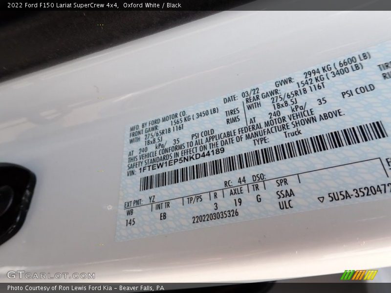 2022 F150 Lariat SuperCrew 4x4 Oxford White Color Code YZ