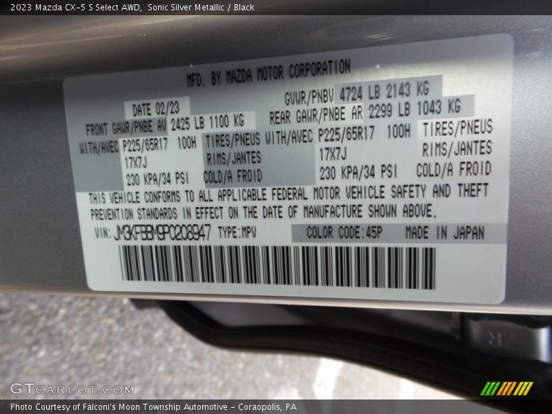 Sonic Silver Metallic / Black 2023 Mazda CX-5 S Select AWD