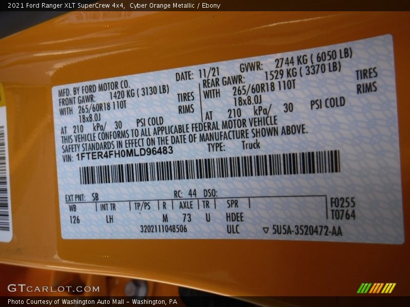 2021 Ranger XLT SuperCrew 4x4 Cyber Orange Metallic Color Code SB