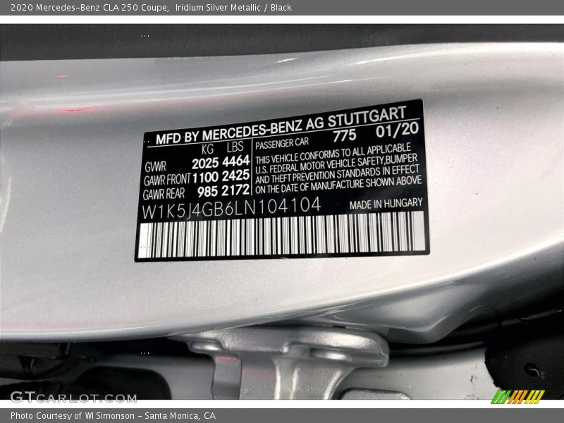 2020 CLA 250 Coupe Iridium Silver Metallic Color Code 775