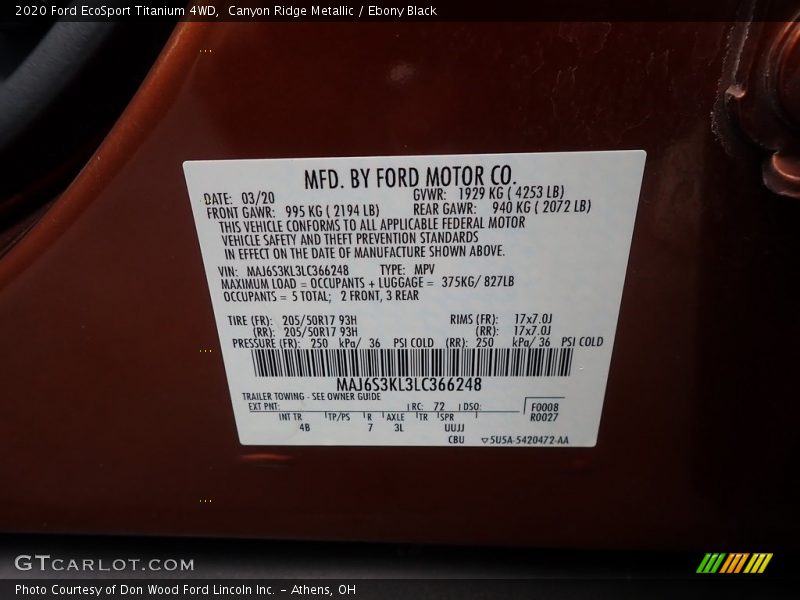 Canyon Ridge Metallic / Ebony Black 2020 Ford EcoSport Titanium 4WD