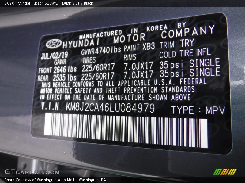 Dusk Blue / Black 2020 Hyundai Tucson SE AWD