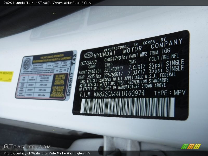 Cream White Pearl / Gray 2020 Hyundai Tucson SE AWD