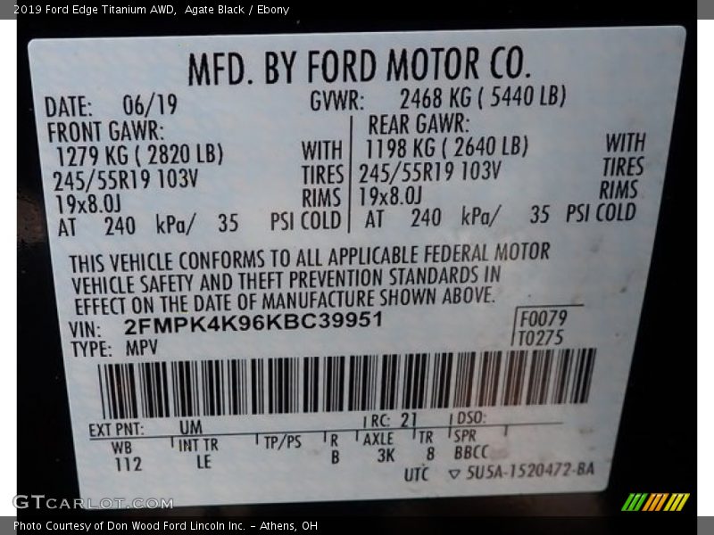 Agate Black / Ebony 2019 Ford Edge Titanium AWD