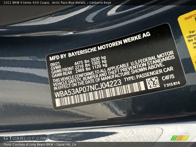 Arctic Race Blue Metallic / Canberra Beige 2022 BMW 4 Series 430i Coupe