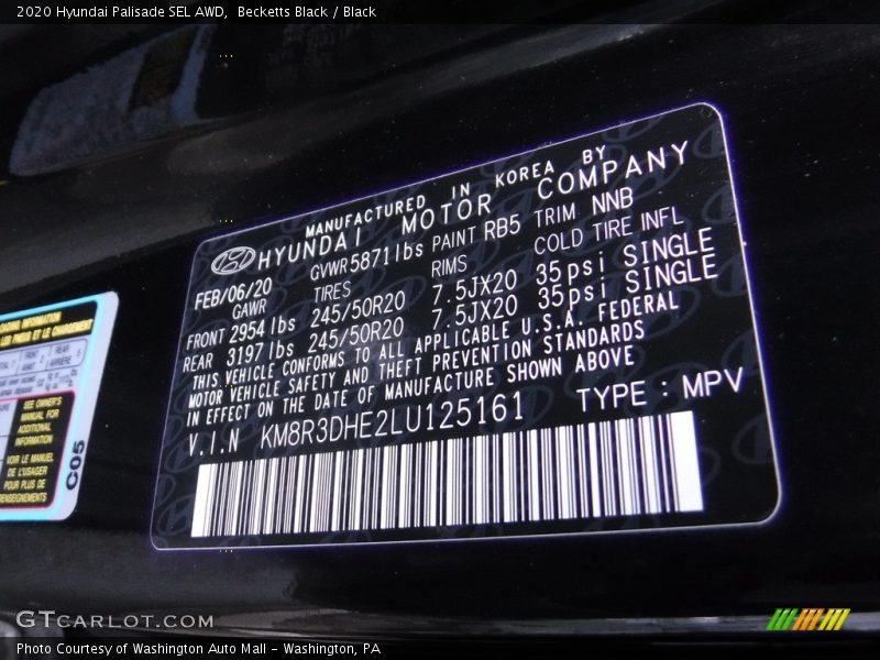 2020 Palisade SEL AWD Becketts Black Color Code RB5