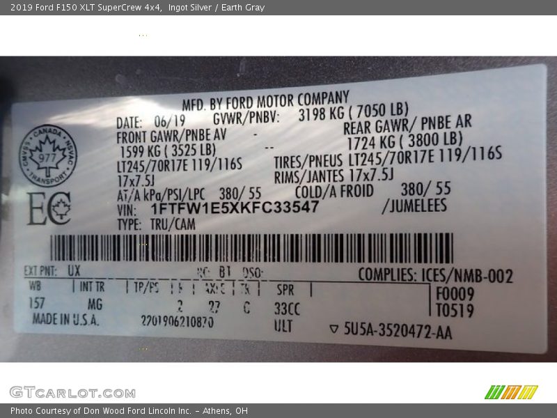 Ingot Silver / Earth Gray 2019 Ford F150 XLT SuperCrew 4x4