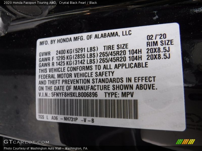2020 Passport Touring AWD Crystal Black Pearl Color Code NH731P
